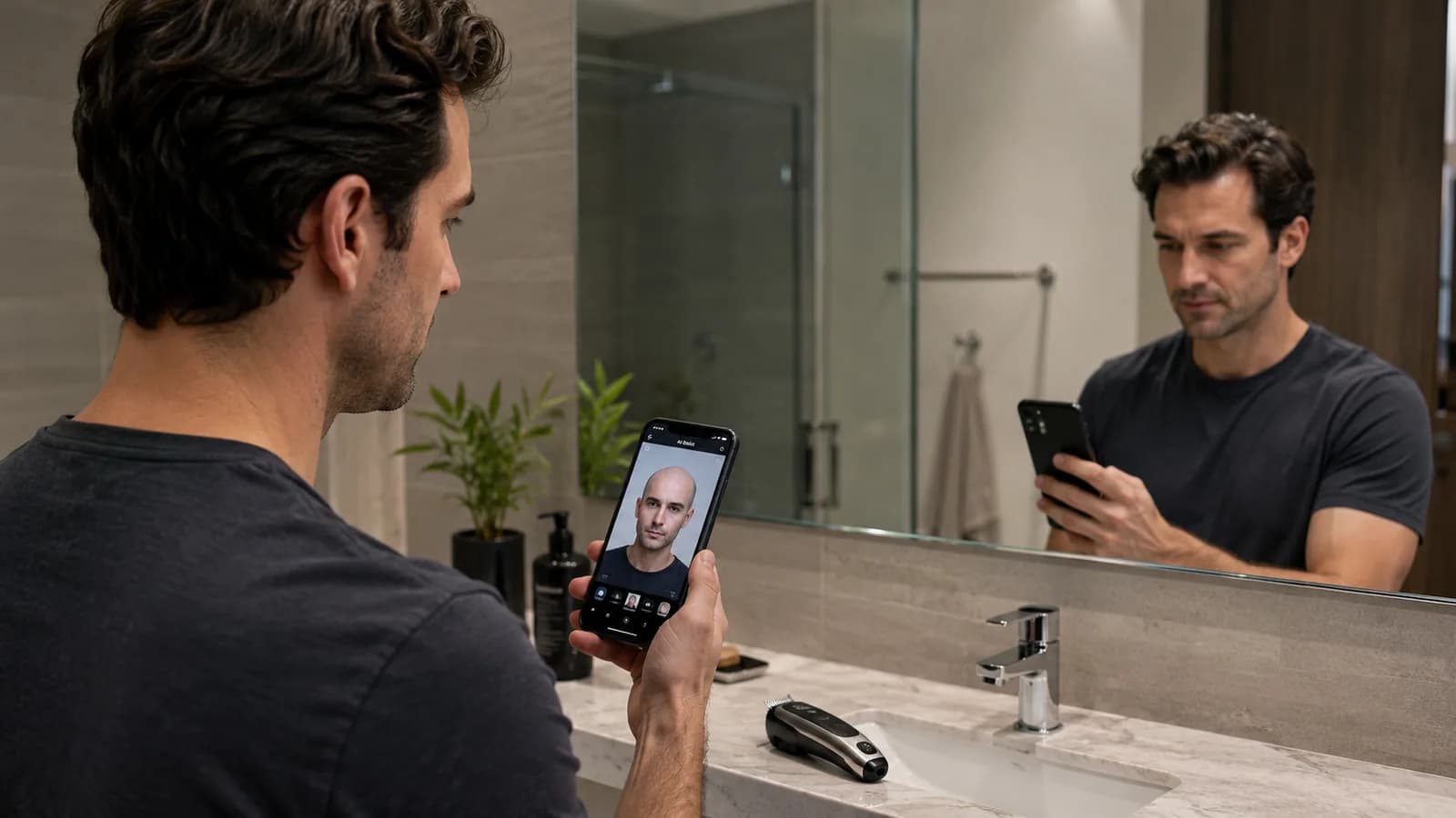 Man reviewing a shaved-head preview with confidence before deciding on his next look