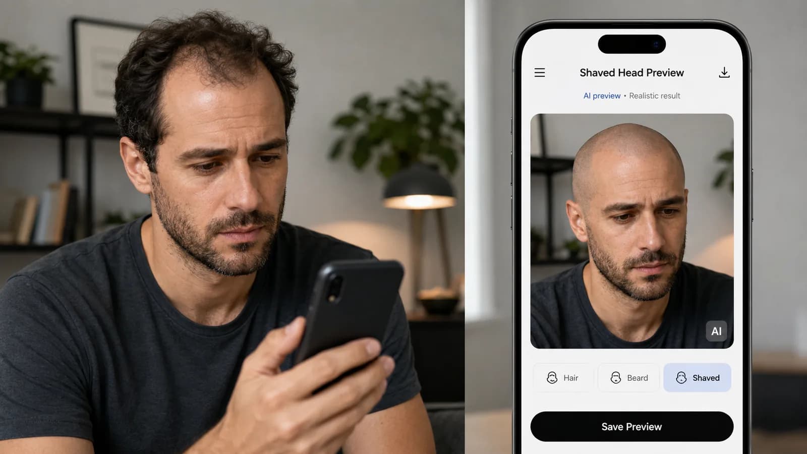 AI bald filter preview comparison showing a man next to a realistic shaved-head preview