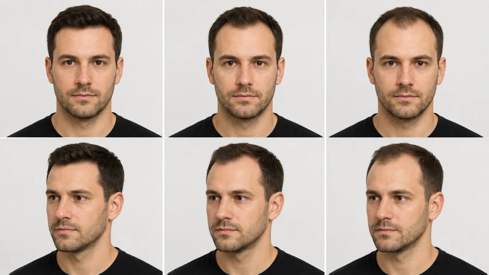 Visual comparison of male hairline stages from stable to more obvious temple recession