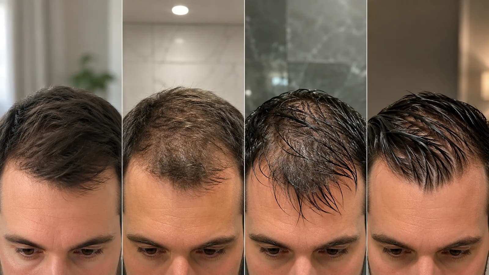 Comparison showing how lighting, wet hair, and styling product can change scalp visibility