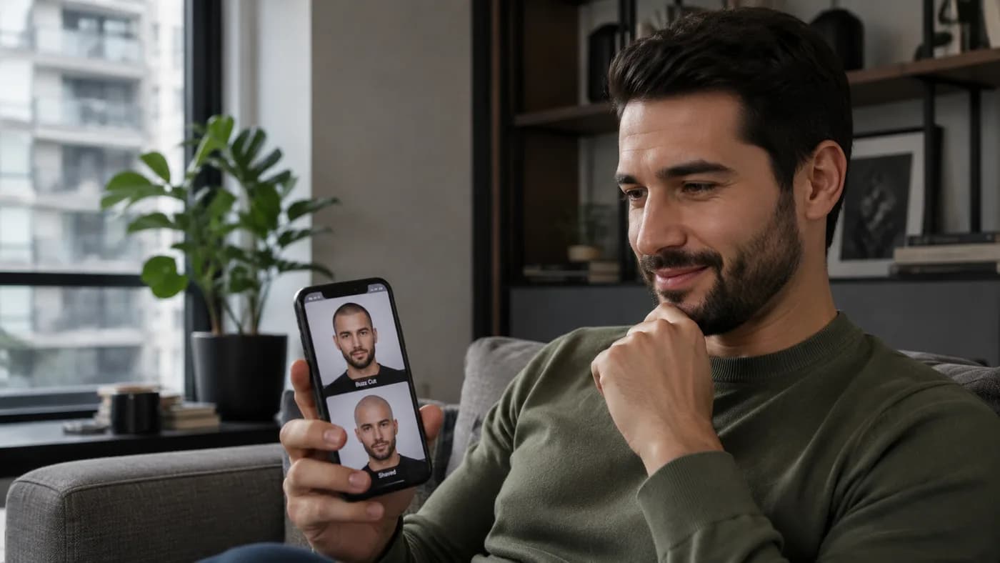 Man comparing realistic buzz cut and shaved-head preview options on his phone