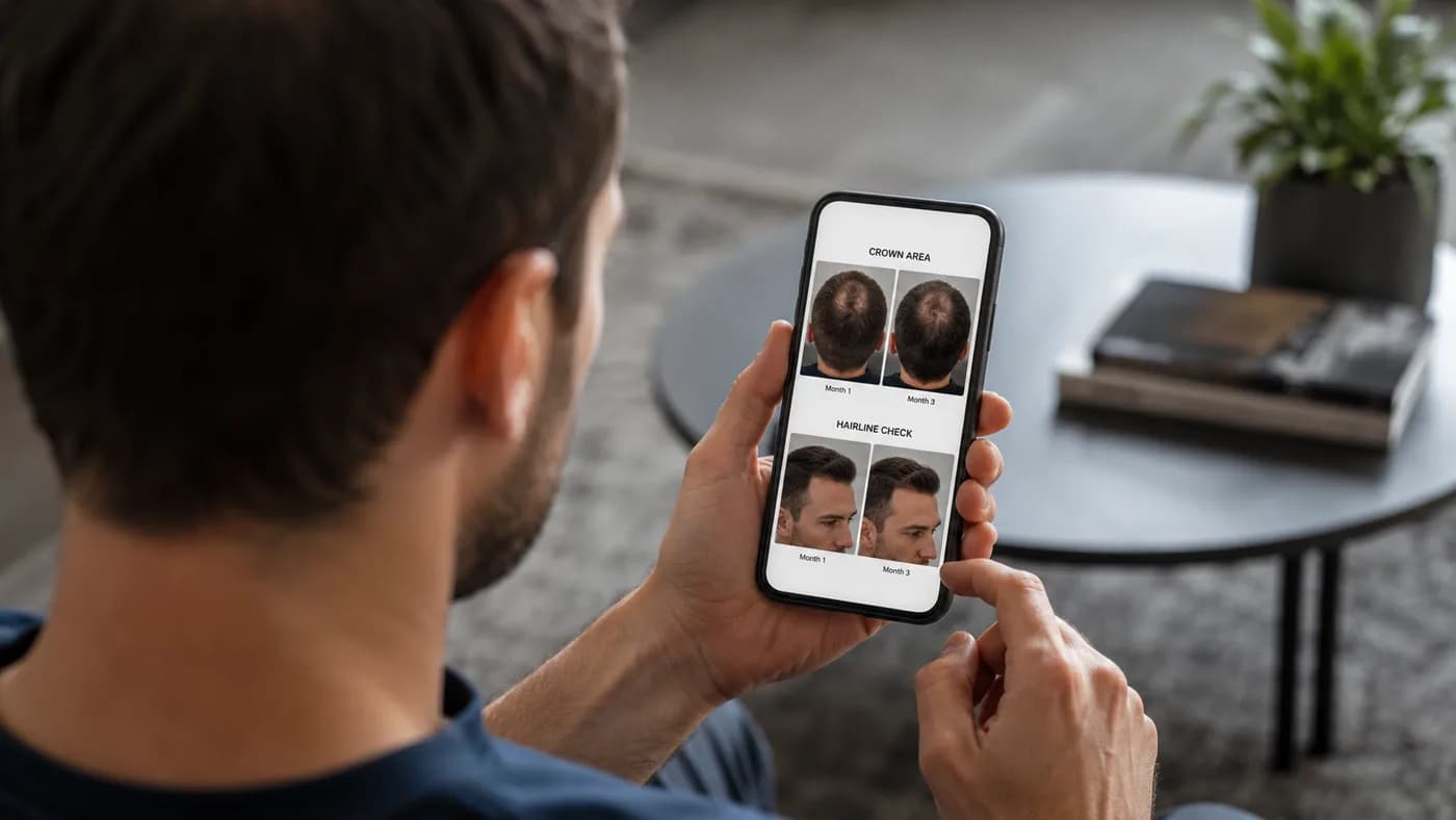Man reviewing crown and hairline self-check photos on his phone