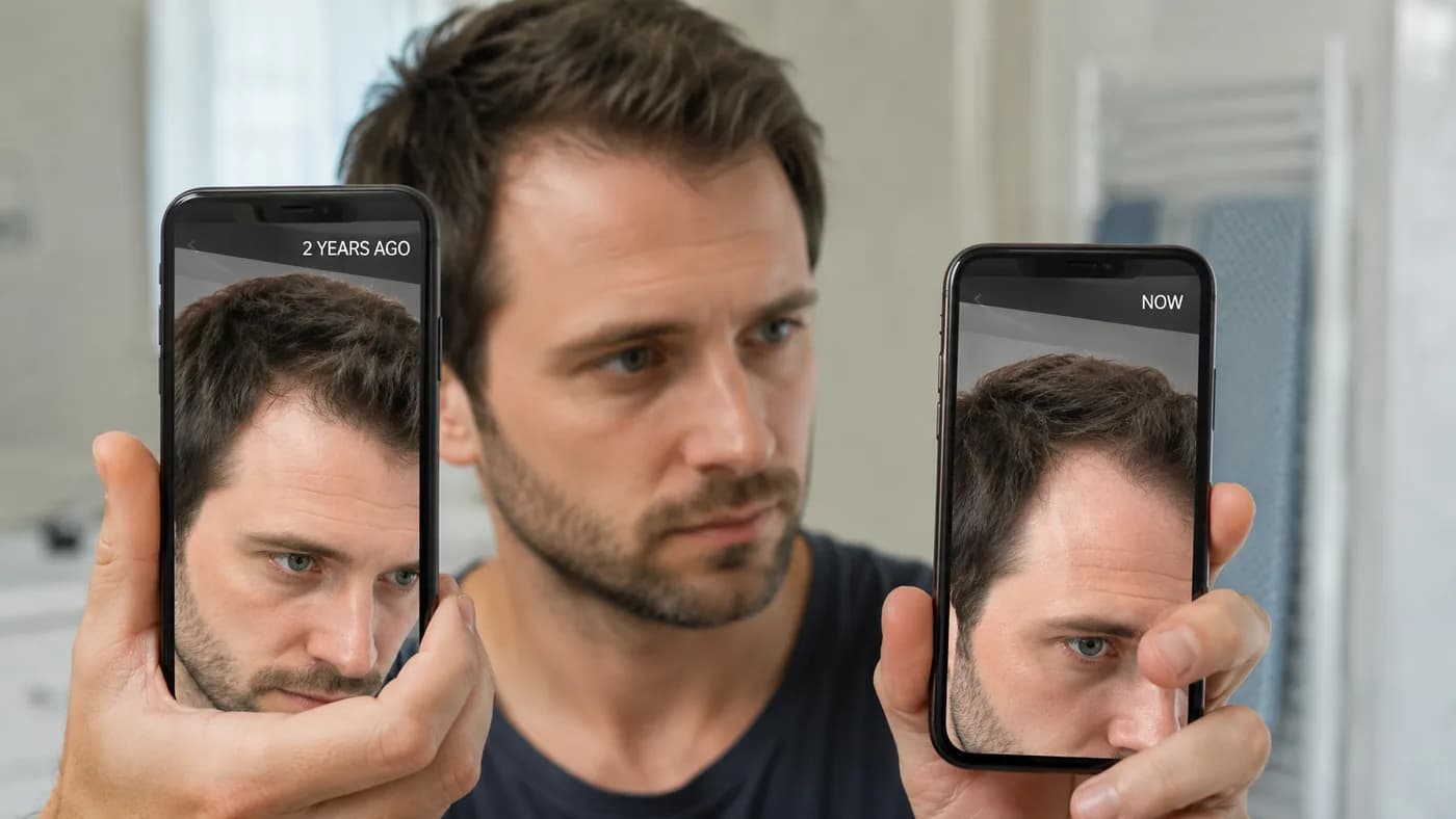 Man comparing current and older photos of his hairline and temples