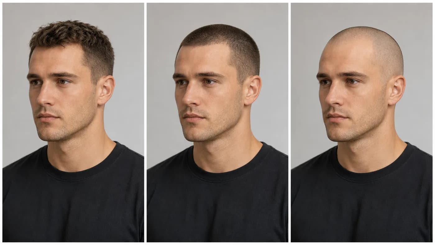 Man comparing a short textured crop, number 2 buzz cut, and close shaved head