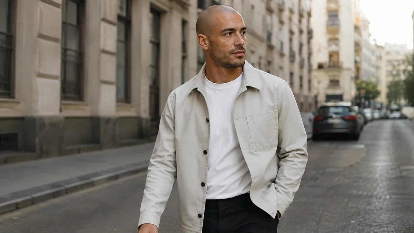 Confident young bald man in a fitted overshirt walking through the city