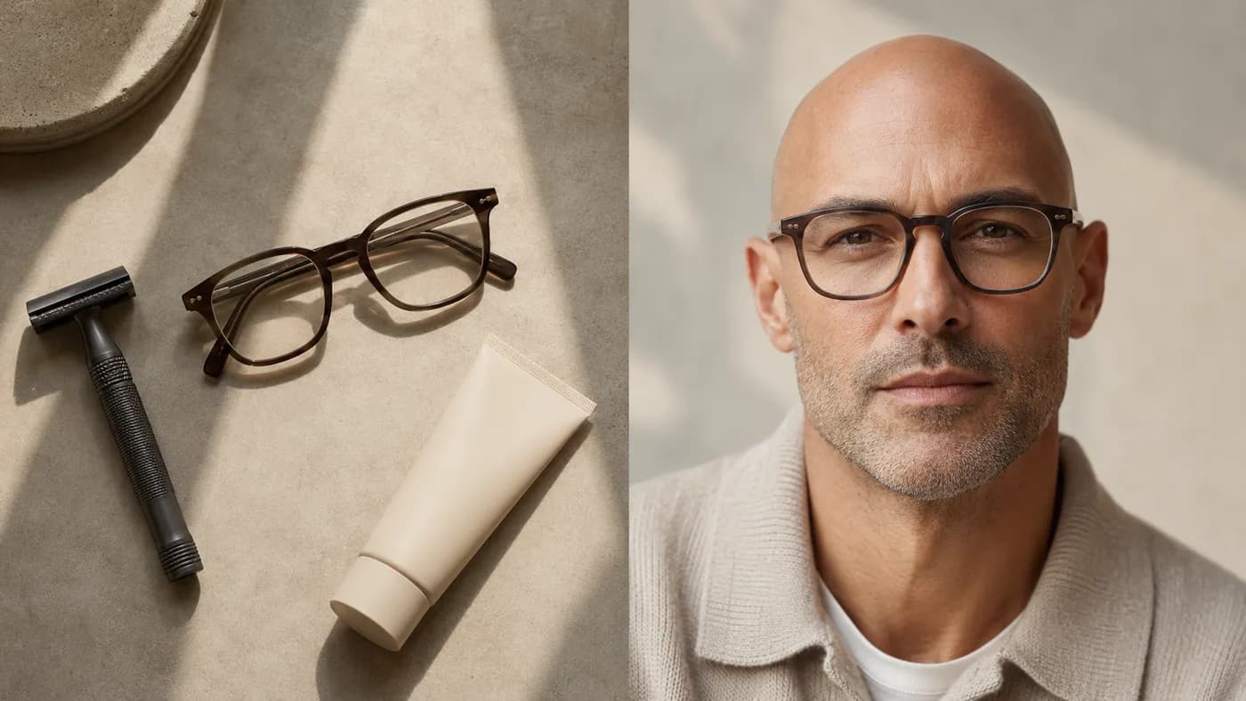 Bald man with stubble and glasses showing styling balance for a larger forehead