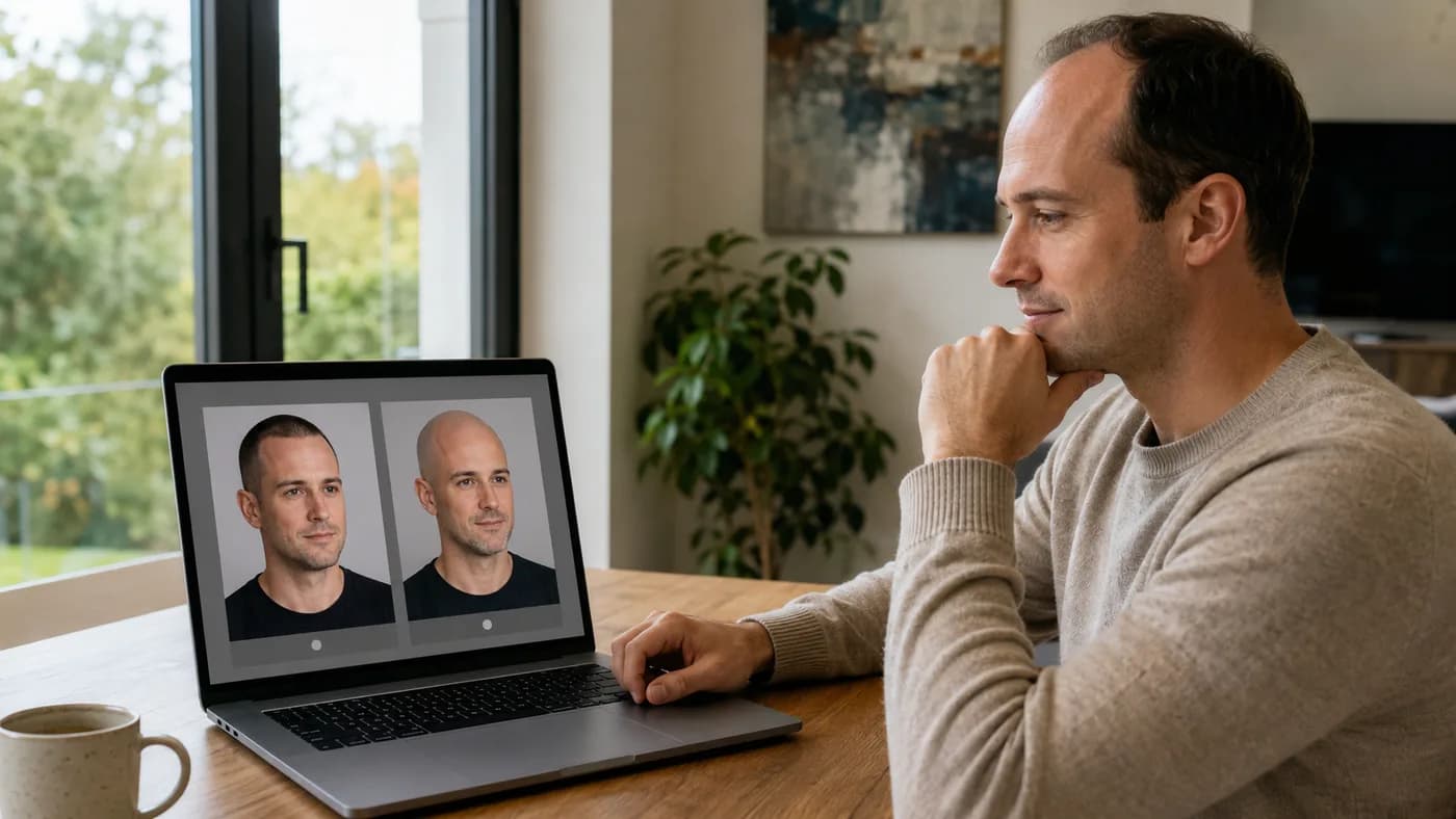 Man comparing buzz-cut and shaved-head previews before deciding