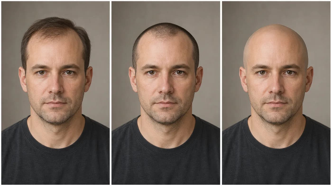 Comparison of thinning hair, a number 1 buzz cut, and a clean shaved head