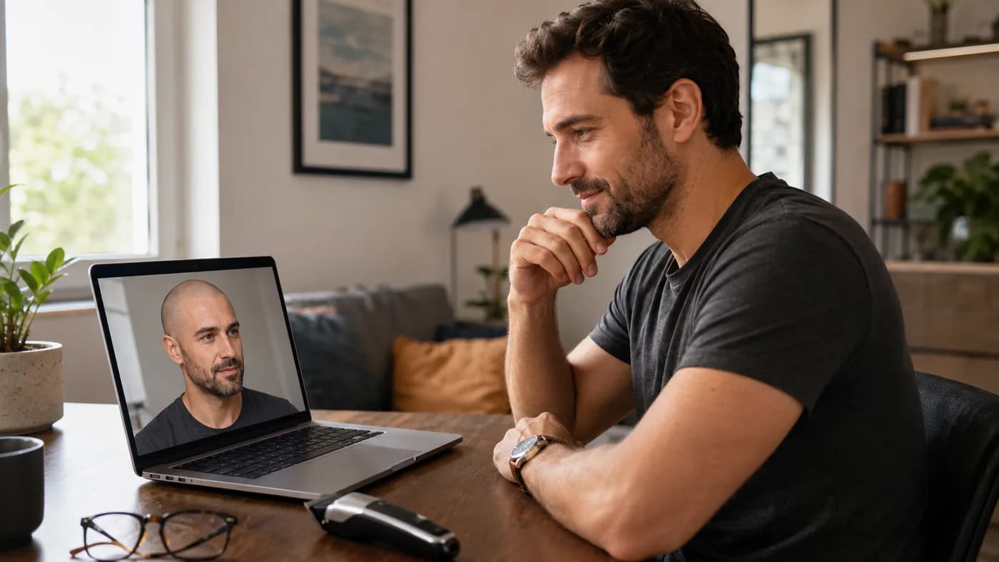 Man reviewing an online bald preview on a laptop before deciding whether to shave his head