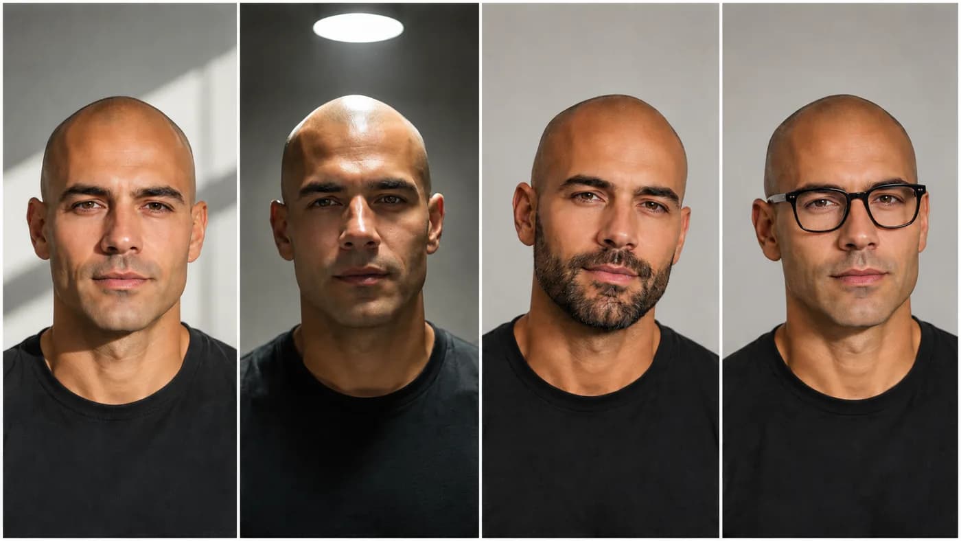 Comparison of a realistic bald preview with beard, glasses, and lighting variations