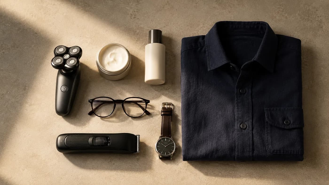 Bald grooming and style essentials including shaver, moisturizer, sunscreen, glasses, and overshirt
