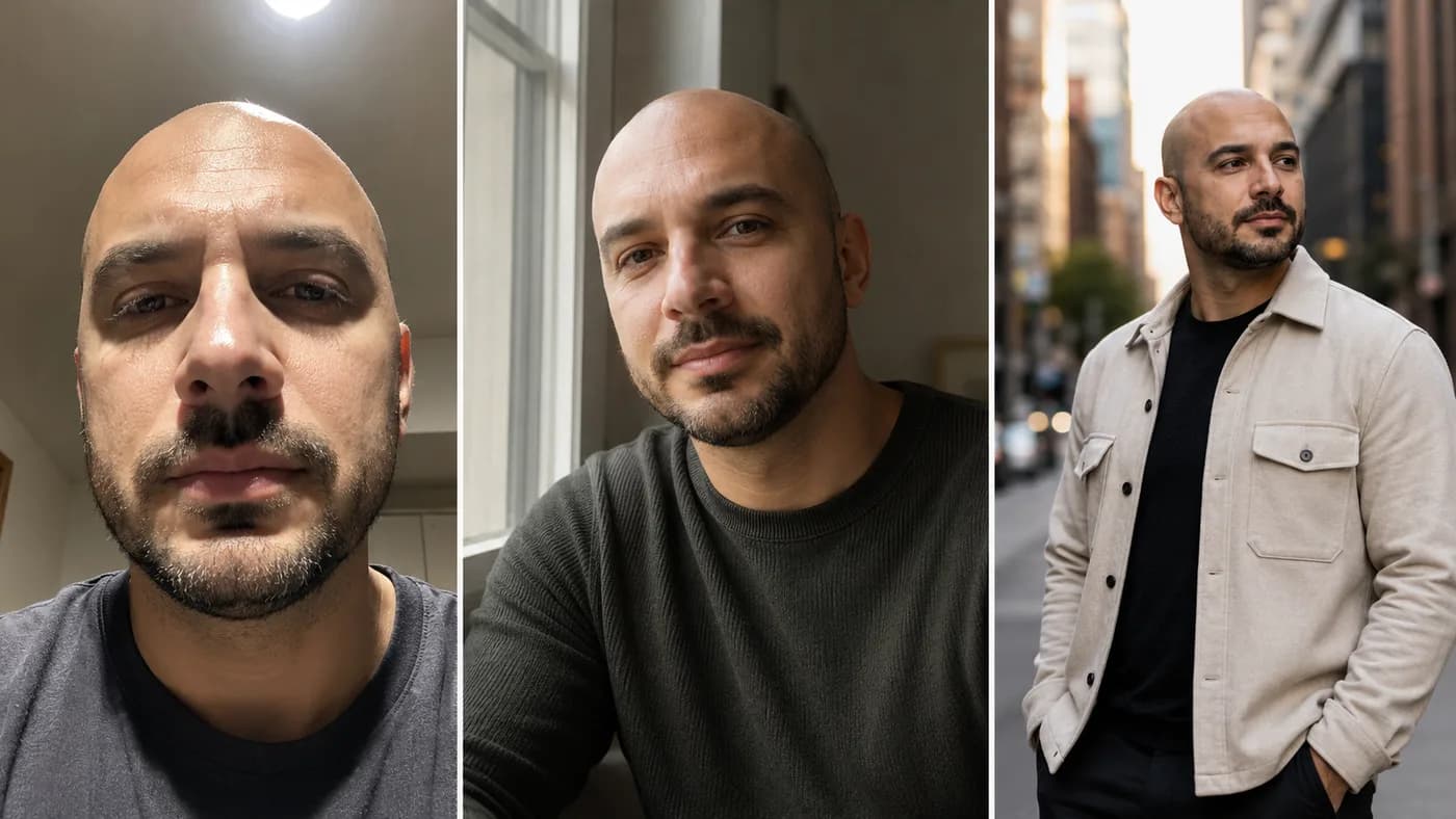 Bald man portrait sequence showing improved light, angle, and structured outfit