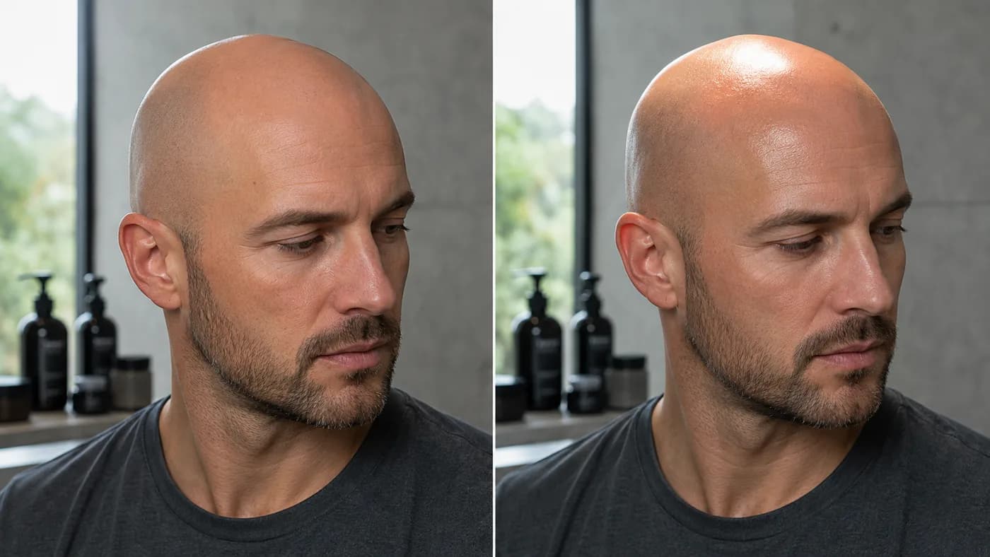 Bald scalp in soft daylight compared with a harsh overhead-light hotspot