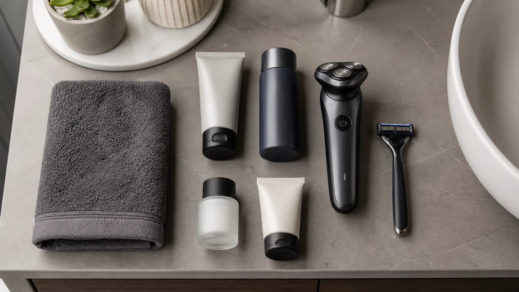 Simple bald head care kit with cleanser, shaver, moisturizer, SPF, and towel