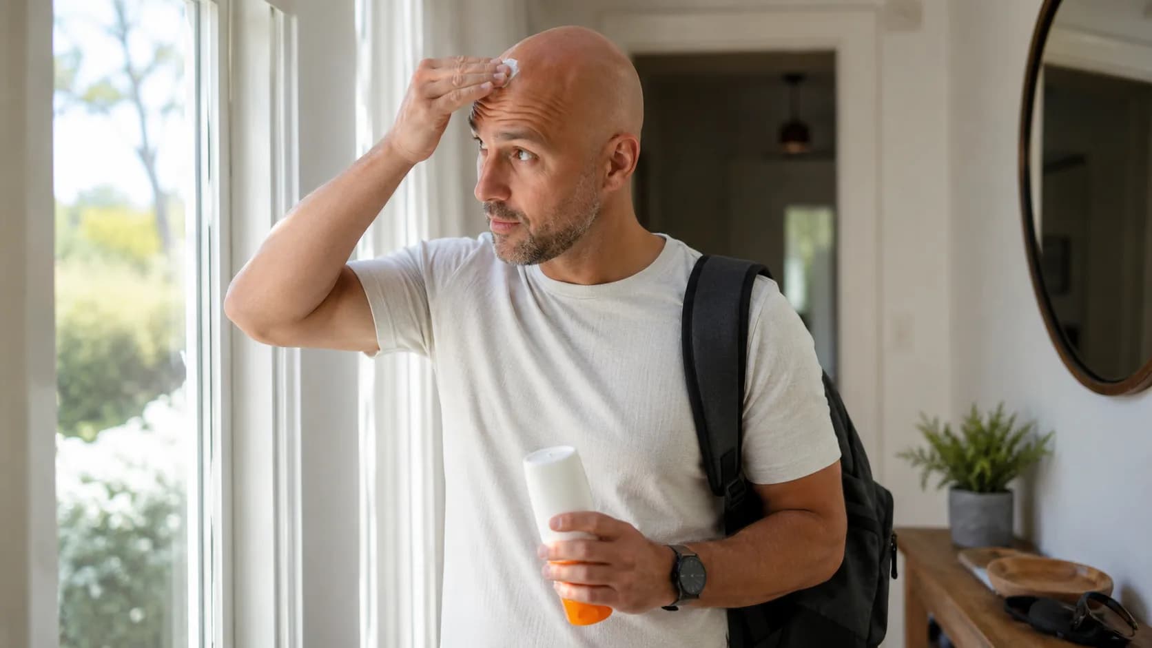 Bald man applying sunscreen to his scalp before going outside