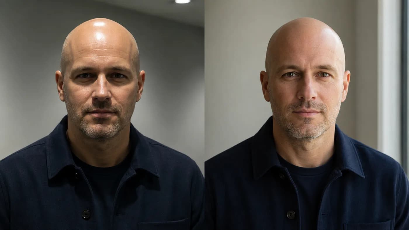 Bald scalp under harsh overhead light compared with soft window light