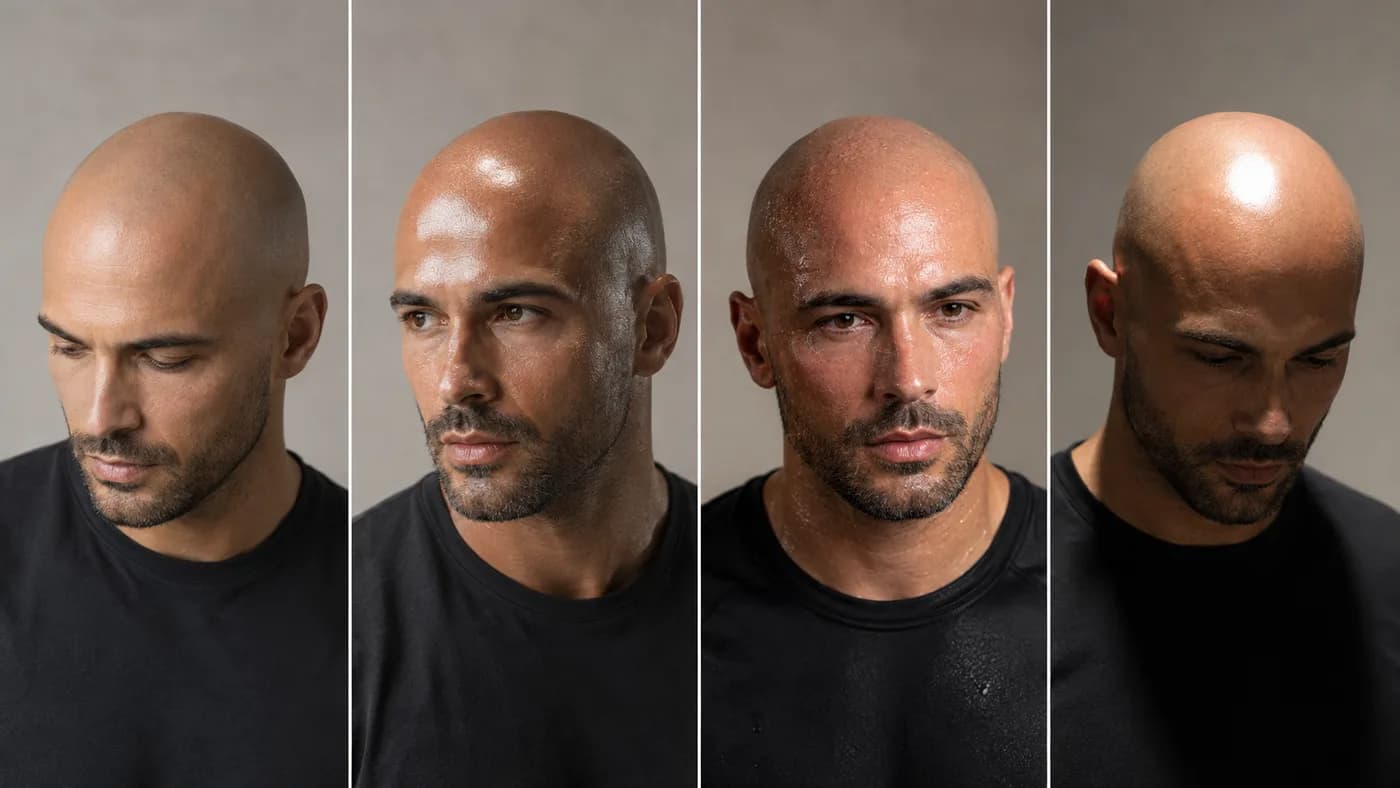 Four examples of bald head shine: natural reflection, excess oil, sweat, and a lighting hotspot