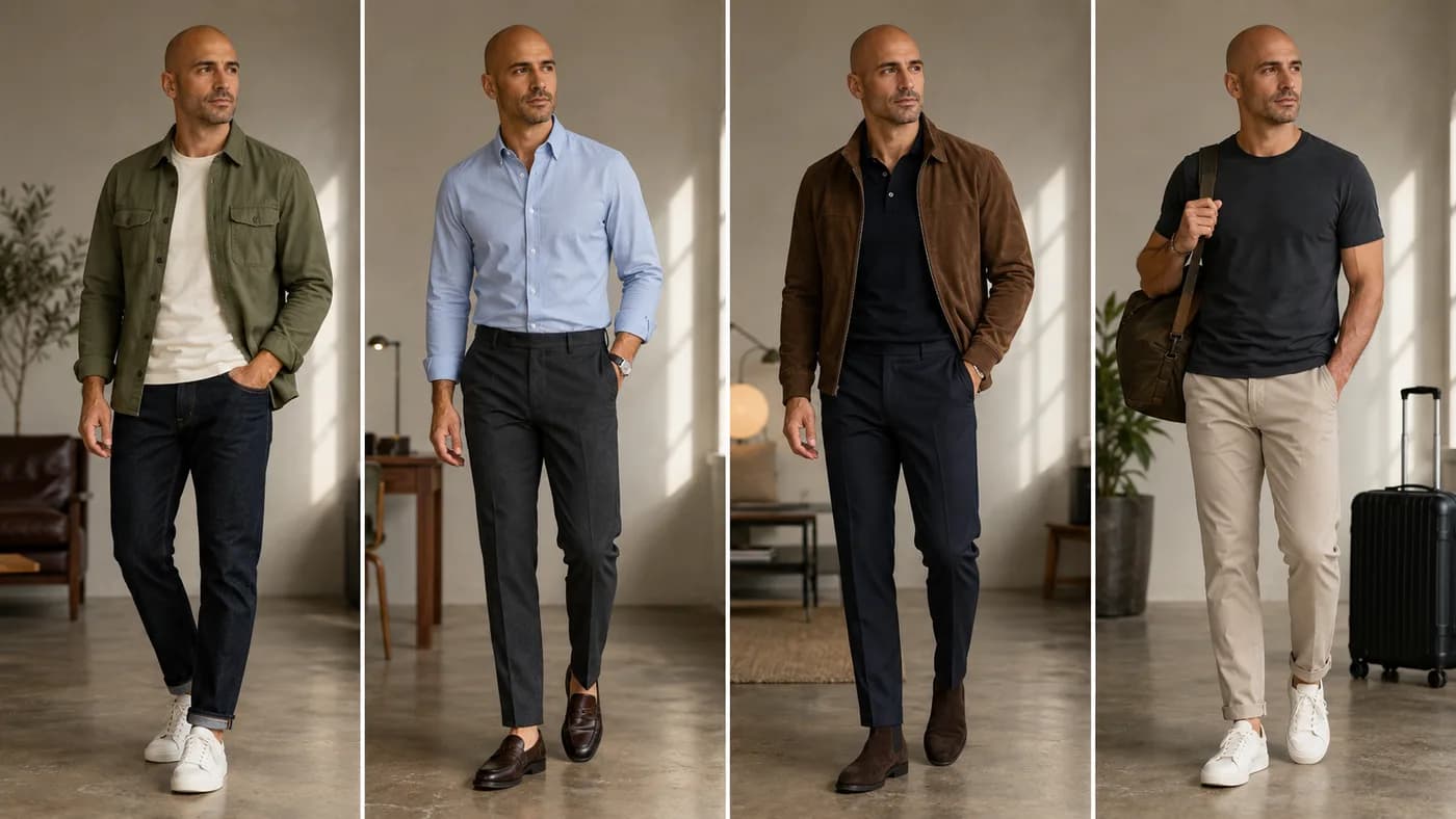 Four capsule-wardrobe outfits for a bald man: weekend, work, date night, and travel