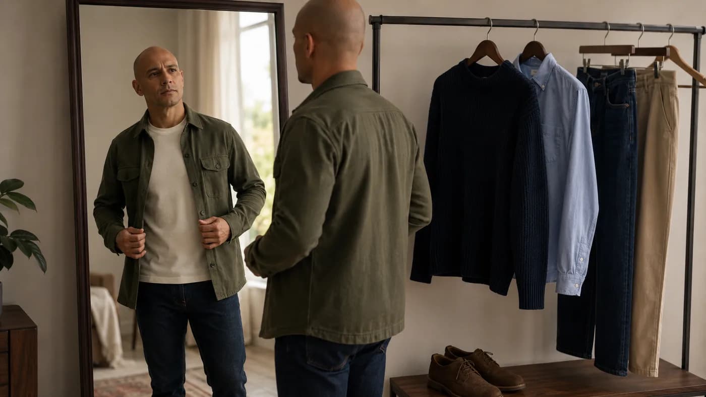 Bald man building a capsule wardrobe with a cream tee and olive overshirt