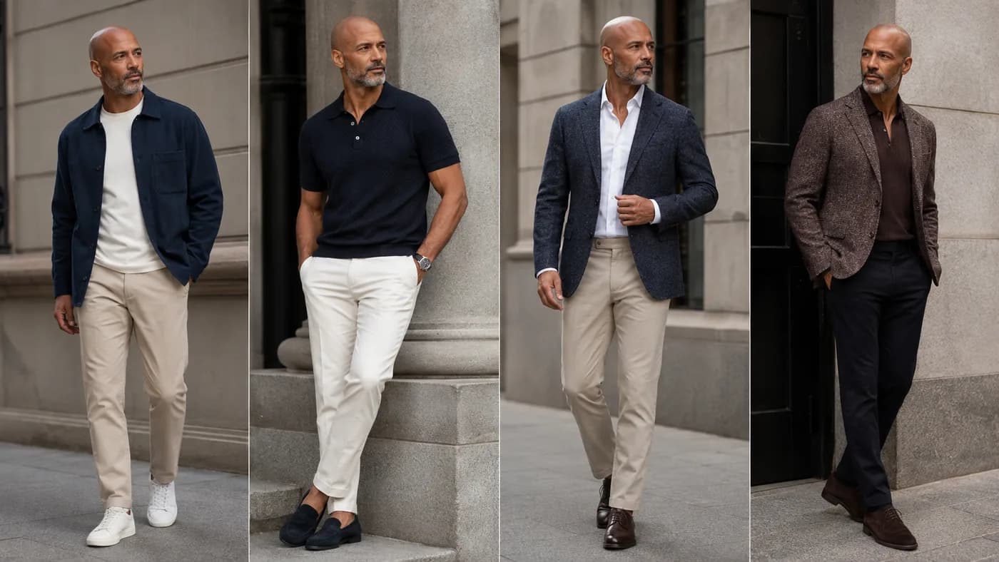 Bald man over 40 in four modern casual, smart-casual, professional, and evening outfit formulas