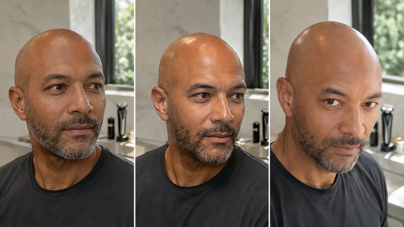 Bald man over 40 with a calm, healthy scalp finish in soft daylight