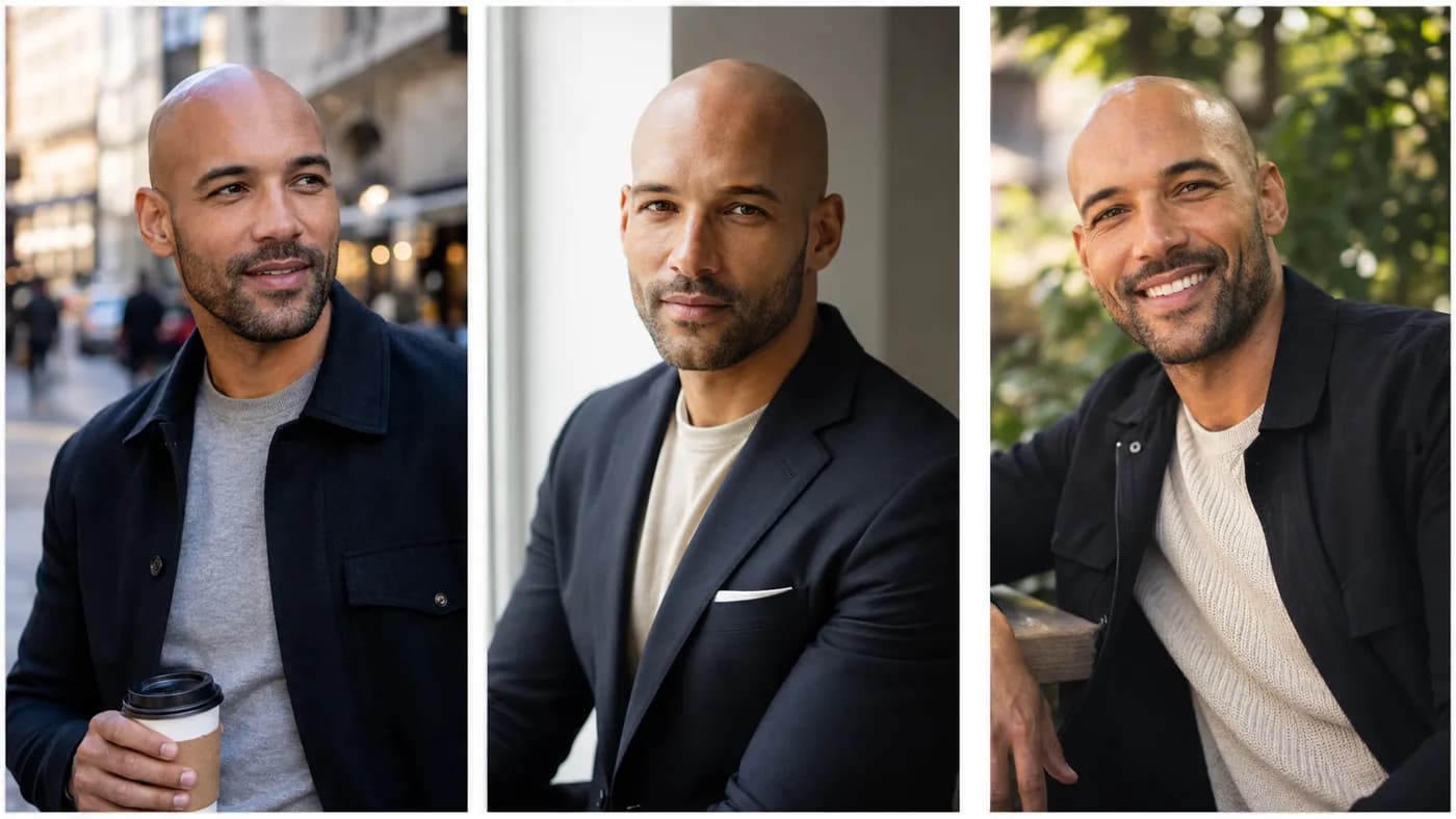 Bald man in city-street, professional, and casual profile-photo concepts