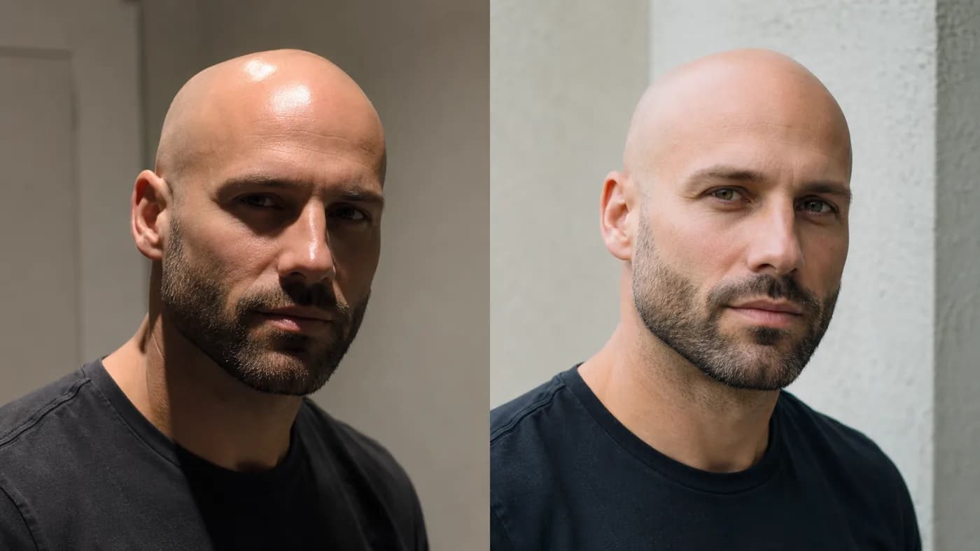 Bald man photographed in harsh overhead light versus soft open-shade daylight