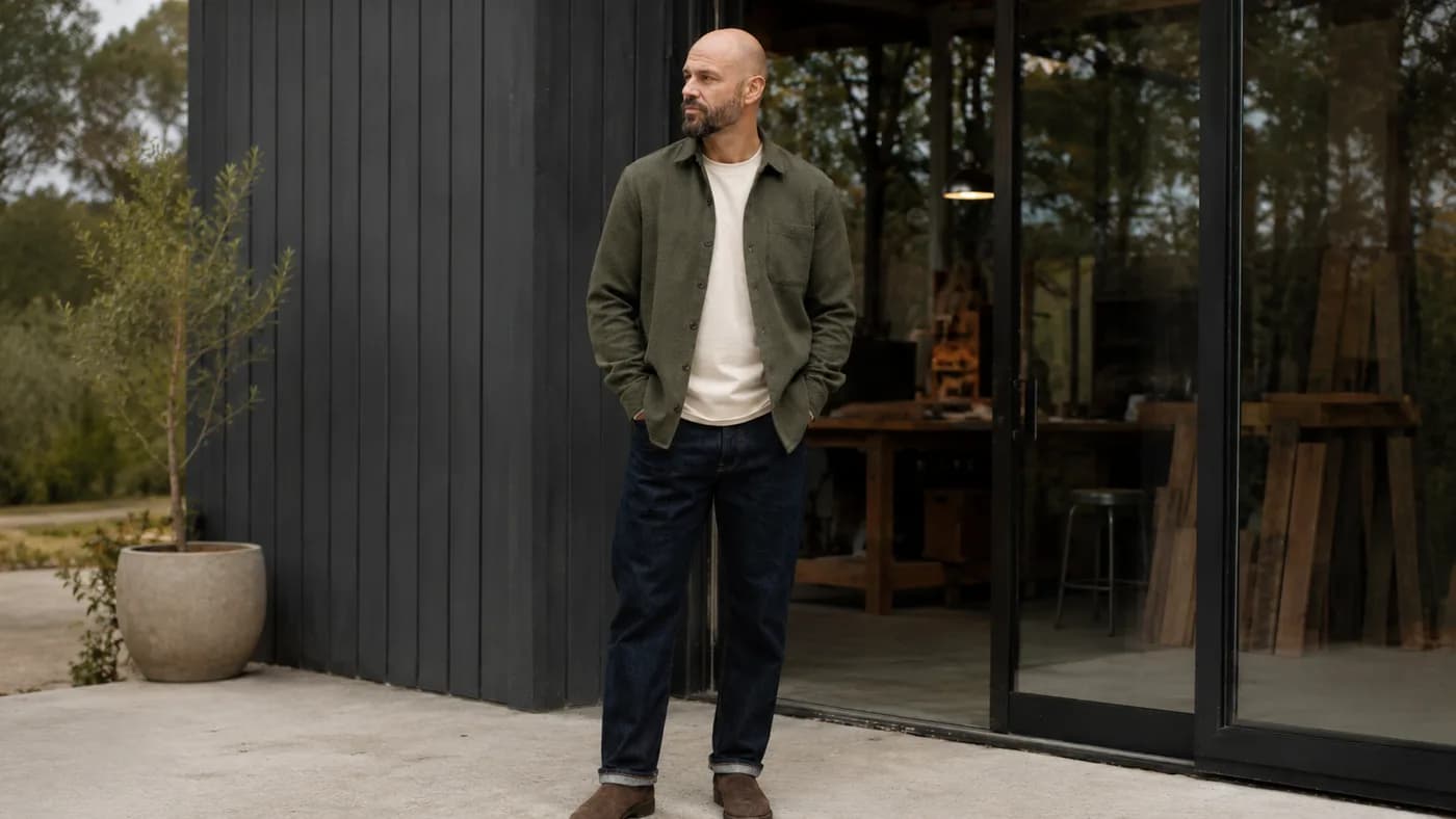 Bald man in a rugged olive overshirt, dark denim, and boots