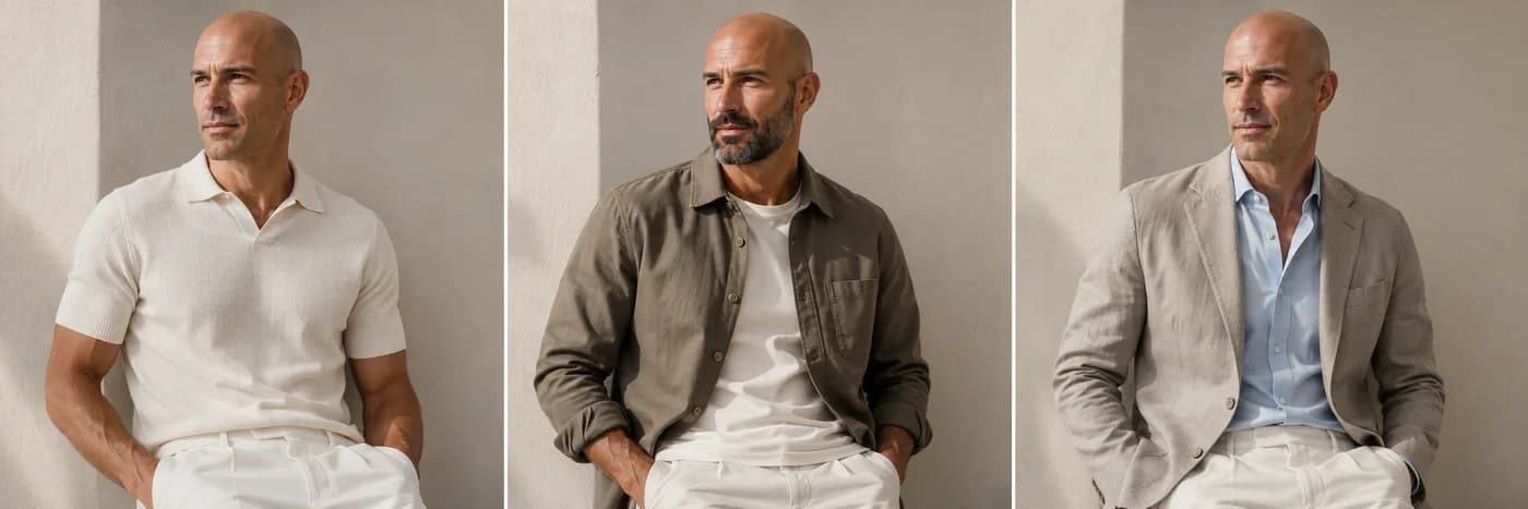 Bald man comparing clean, rugged, and professional outfit directions