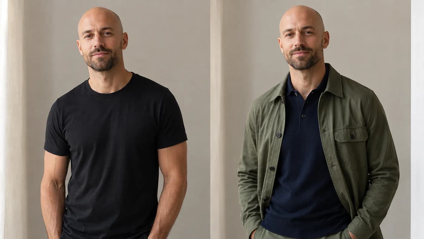 Bald man comparing a stretched black tee with a structured navy polo and olive overshirt