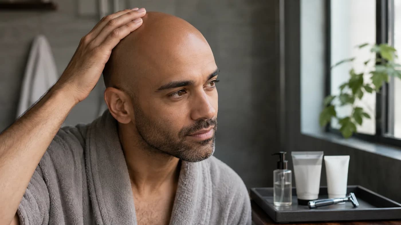 Bald man with a calm scalp-care setup including cleanser moisturizer sunscreen and razor