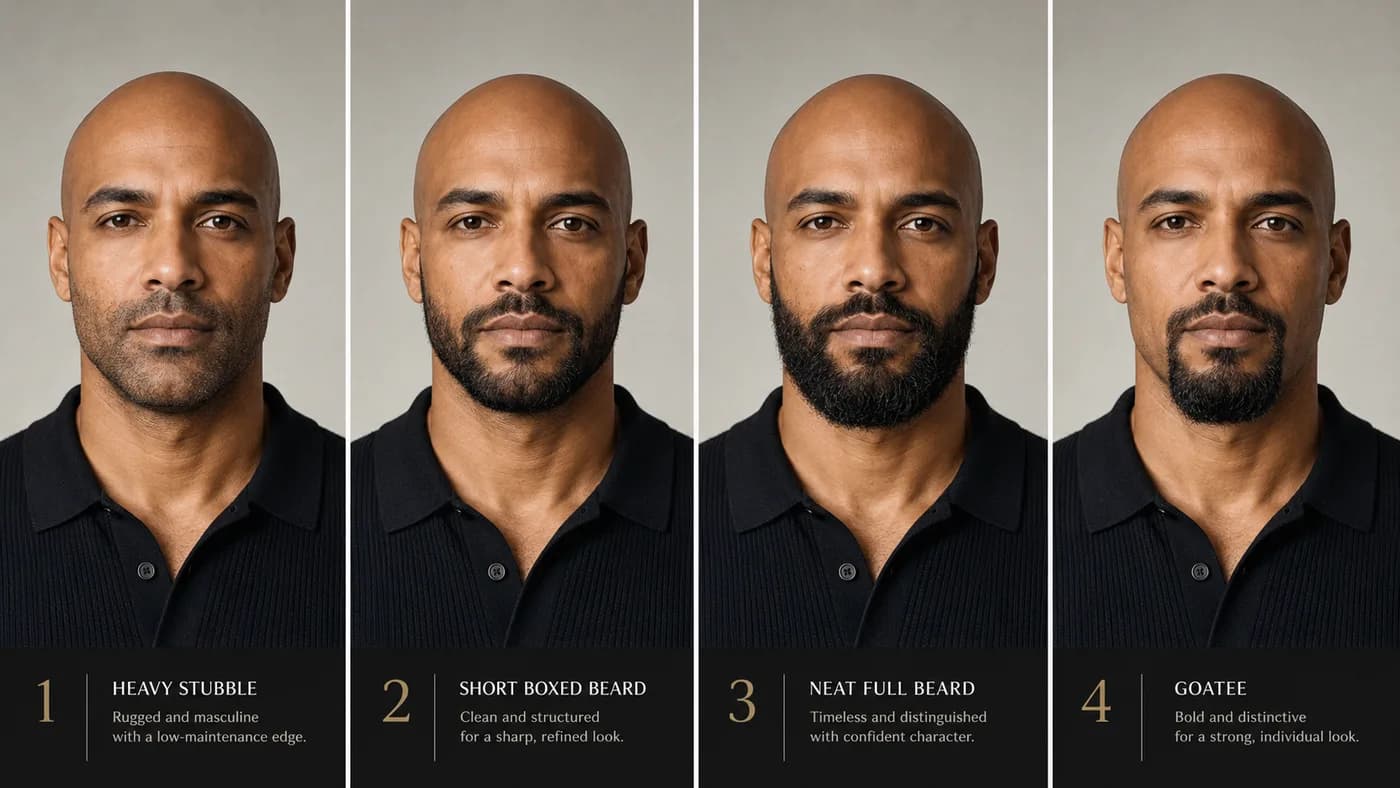 Comparison of a shaved head with heavy stubble, a short boxed beard, a neat full beard, and a goatee