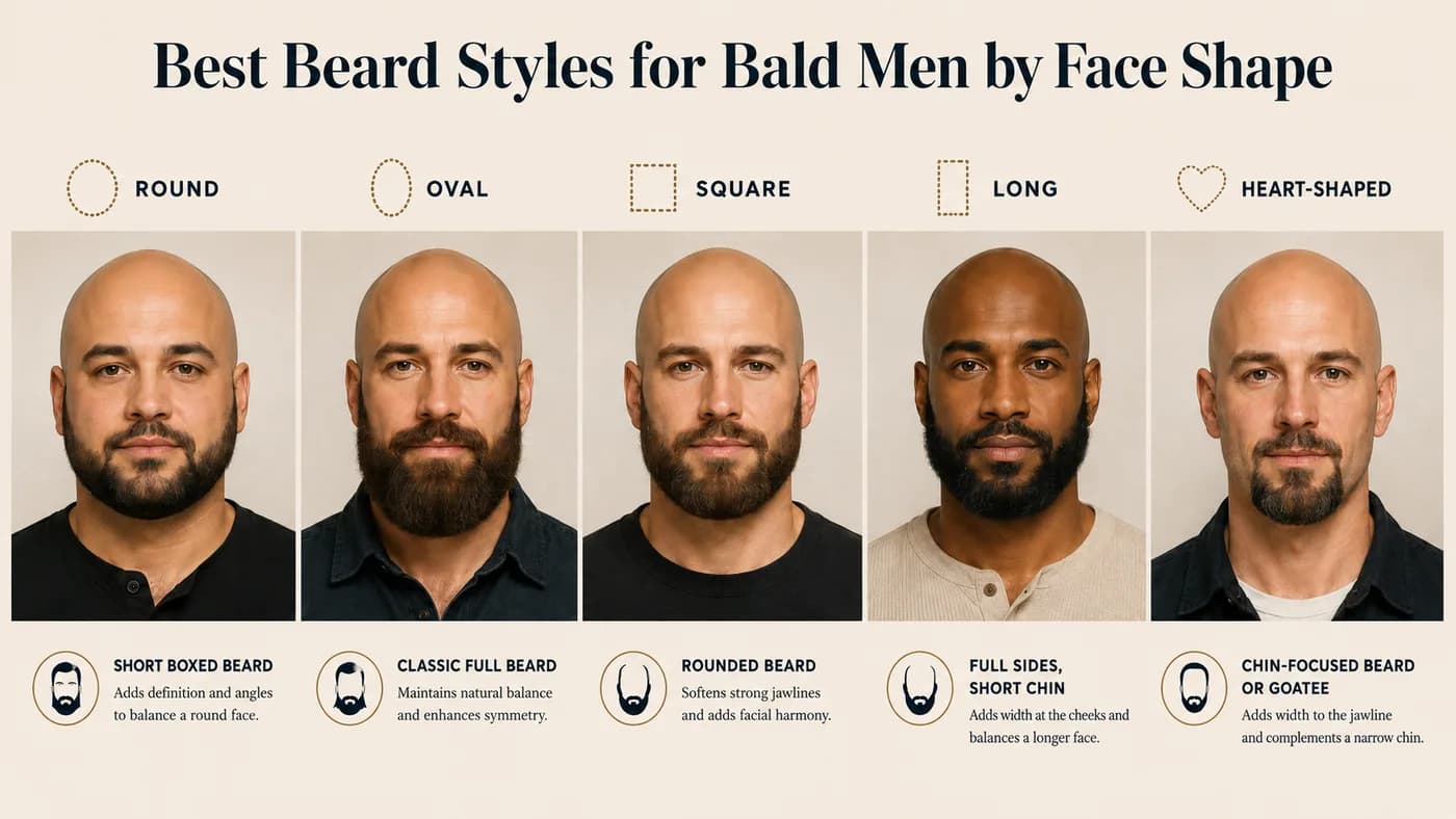 Beard style recommendations for bald men by face shape