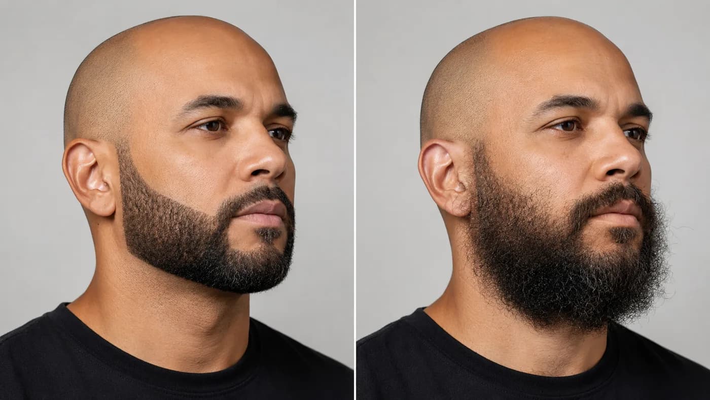 Side-by-side comparison of a polished short boxed beard and an overgrown beard on a shaved head
