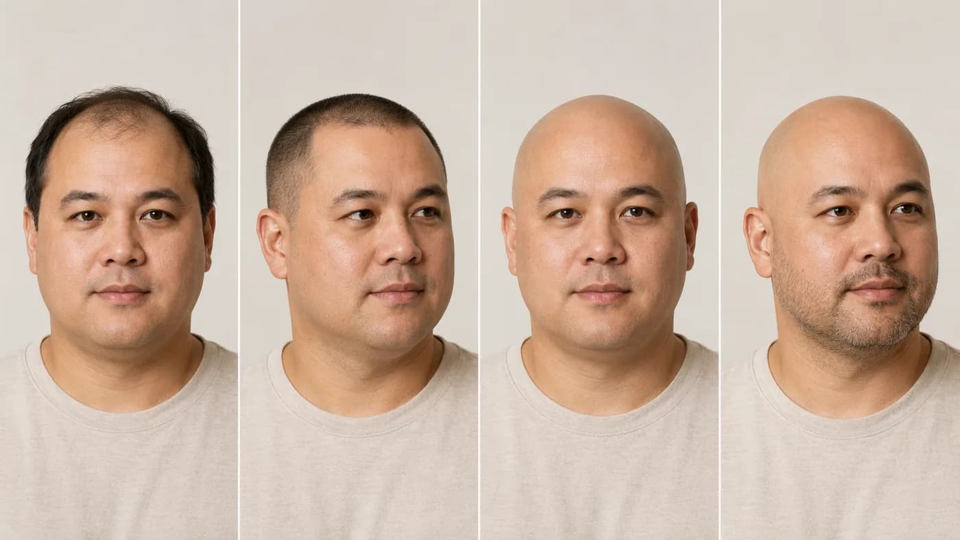 Comparison of thinning styled hair, a number 1 buzz cut, and a clean shaved head with stubble