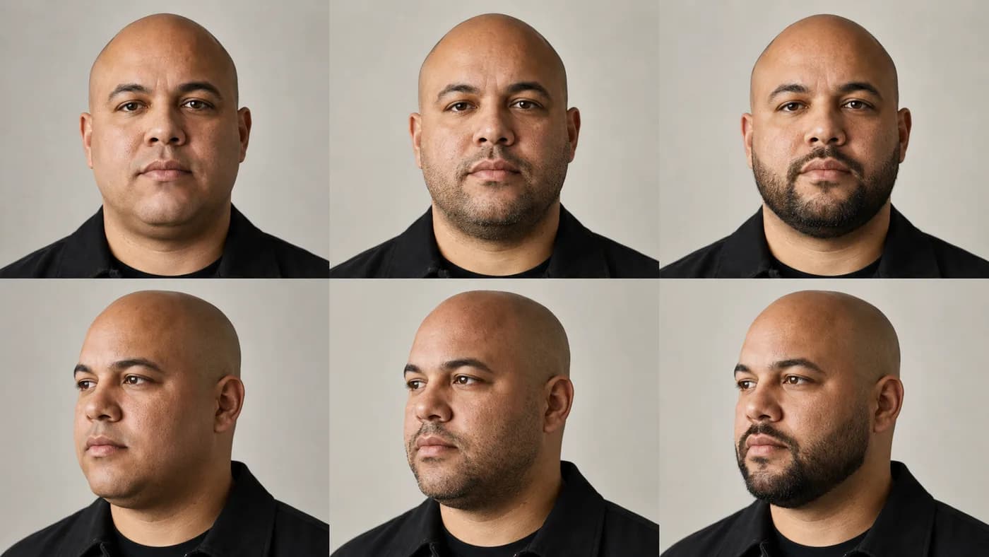 Bald round-face grooming comparison: clean-shaven, heavy stubble, and short boxed beard