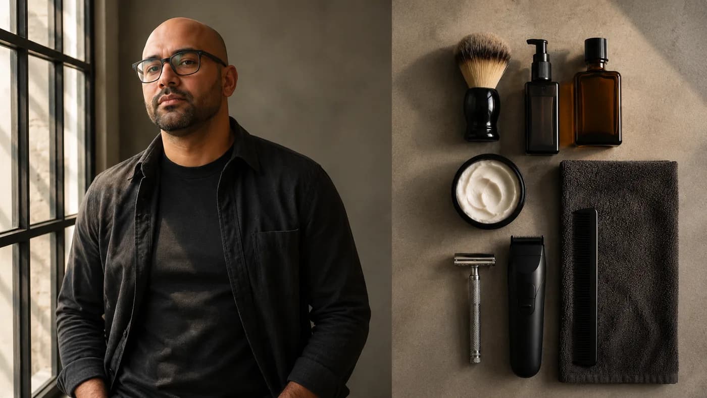 Bald man with a round face wearing structured glasses, a charcoal crewneck, and neat stubble