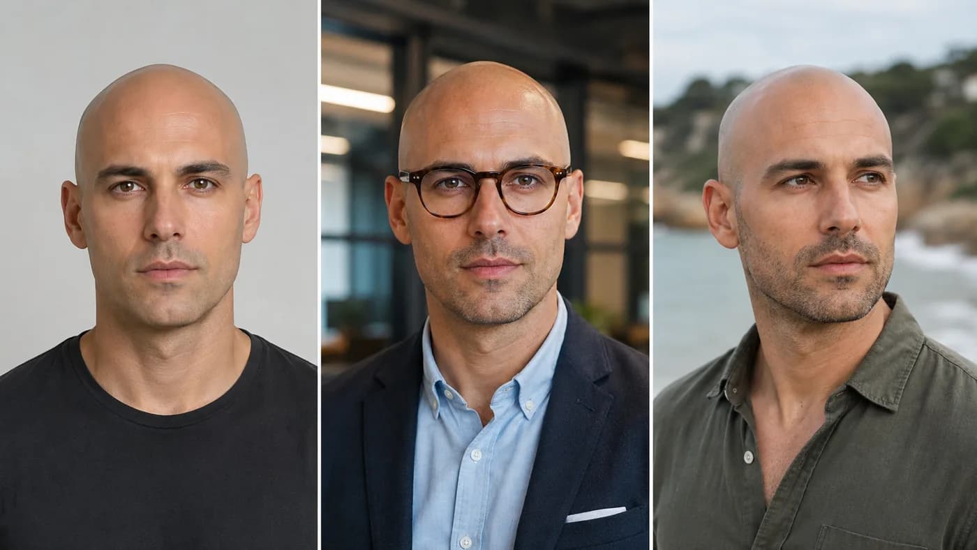 Realistic bald simulation shown across work, casual, and portrait contexts