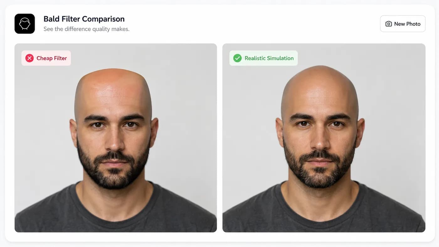 Side-by-side comparison of a fake bald filter and a realistic bald simulator