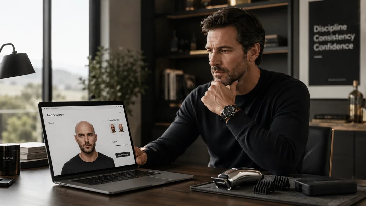 Man reviewing a realistic bald simulation before deciding to shave his head