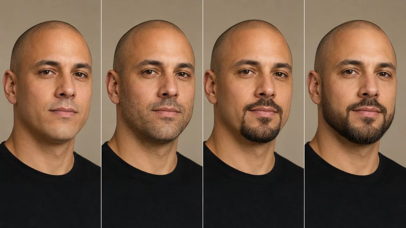 Front and side comparison of a shaved-head man with clean-shaven face, heavy stubble, compact goatee, and short boxed beard