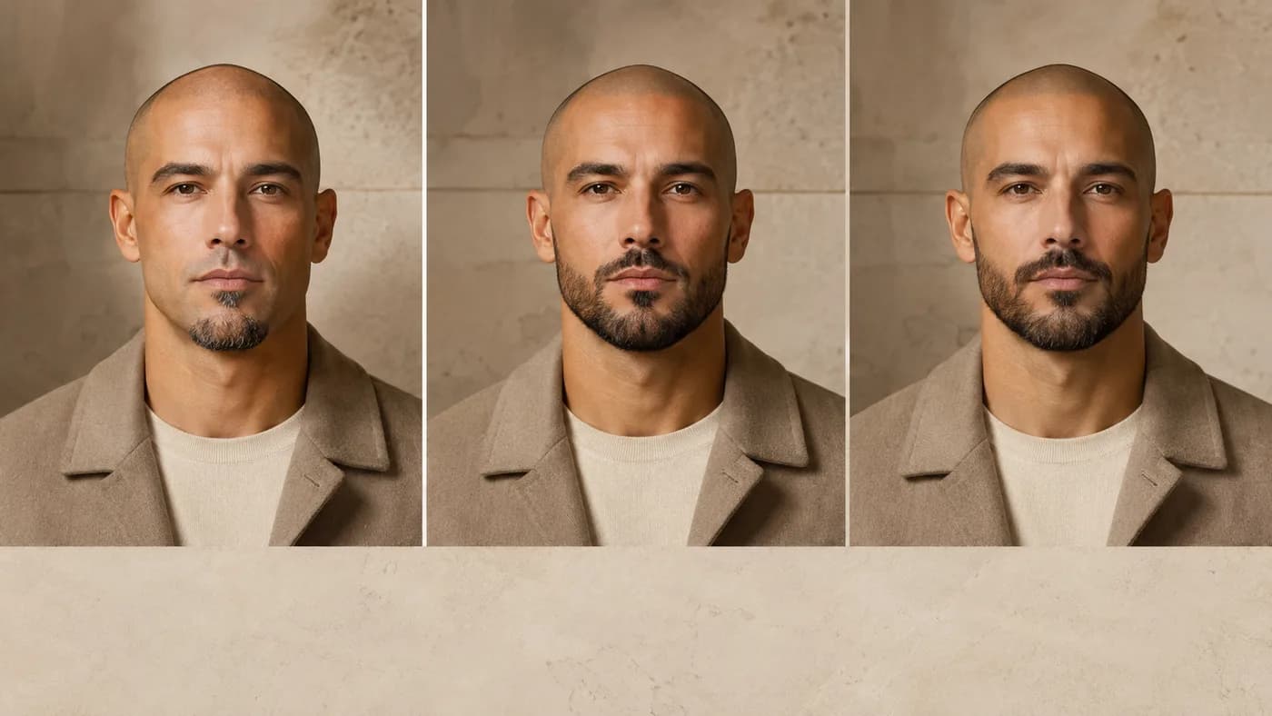 Shaved-head man with a softer chin in goatee, short boxed beard, and beardstache variations