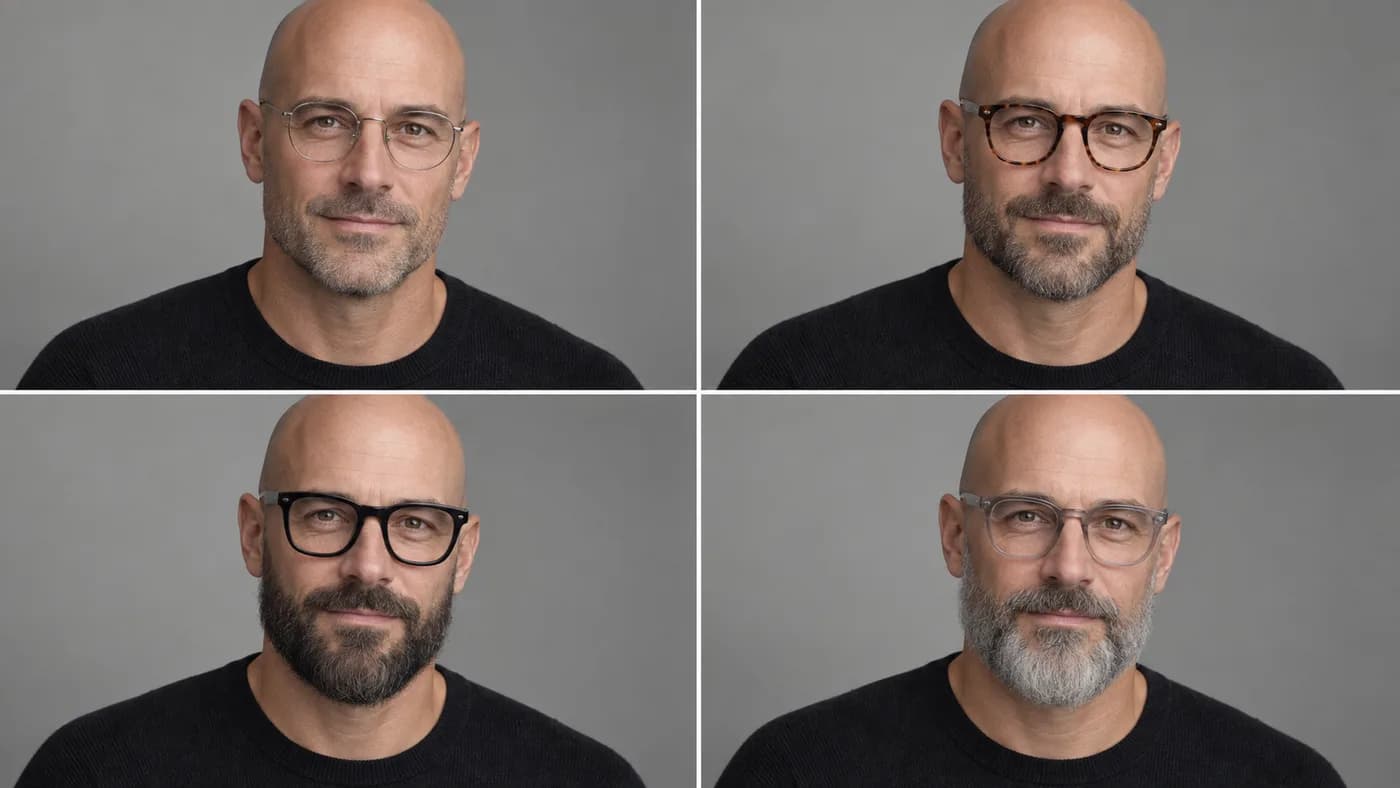 Four bald beard and glasses combinations showing light, medium, and bold visual weight