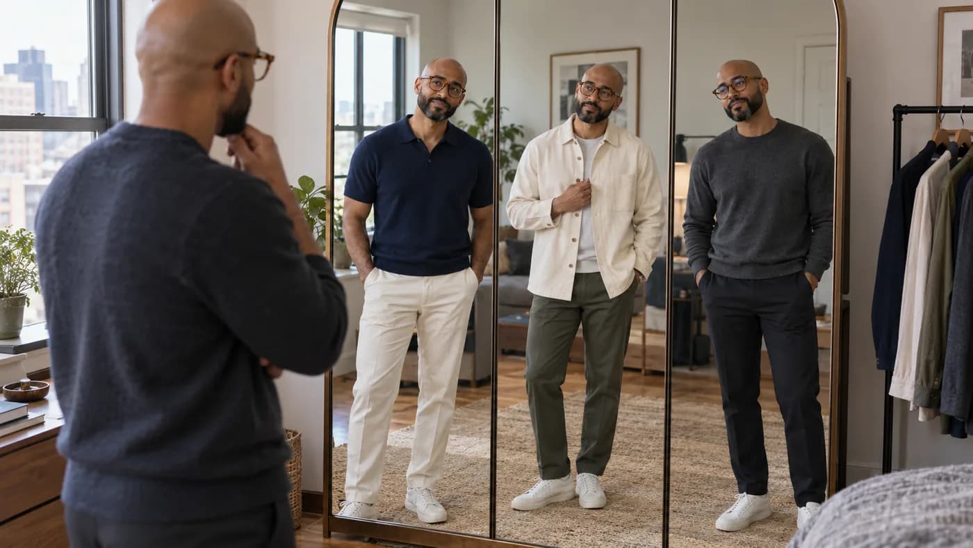 Bald man with beard and glasses comparing shirt colors in a mirror
