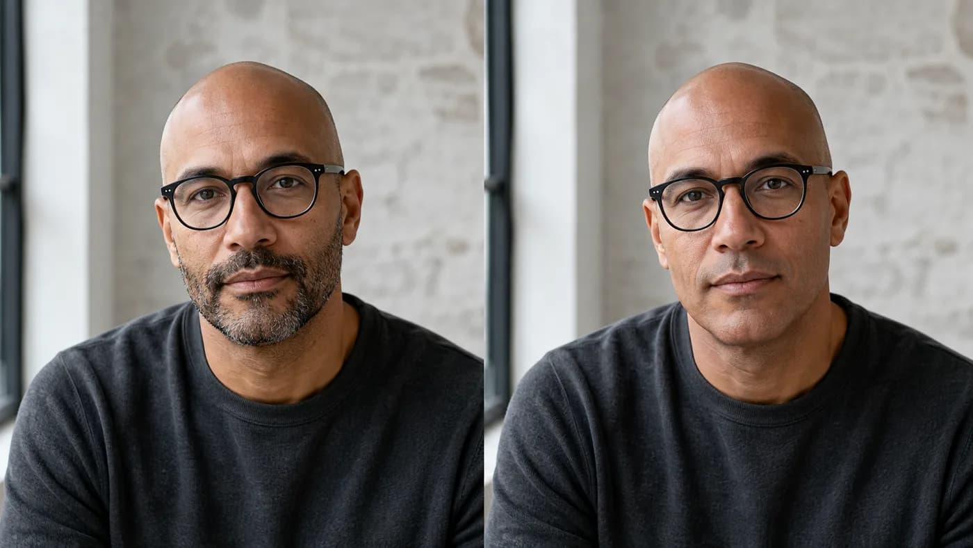 Bald man compared with neat stubble and a clean-shaven face