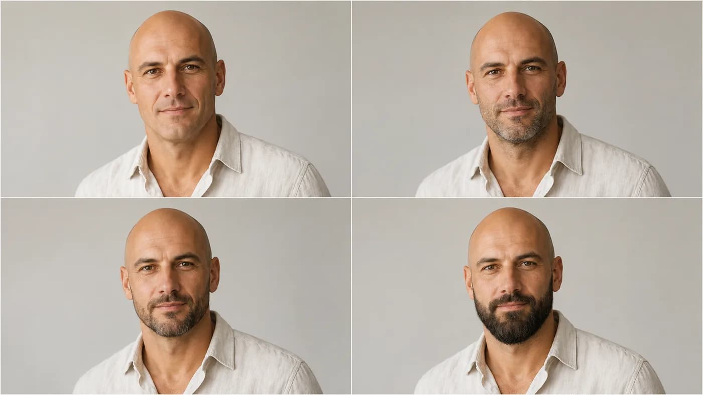 Bald man comparing clean-shaven, heavy stubble, short boxed beard, and neat full beard styles