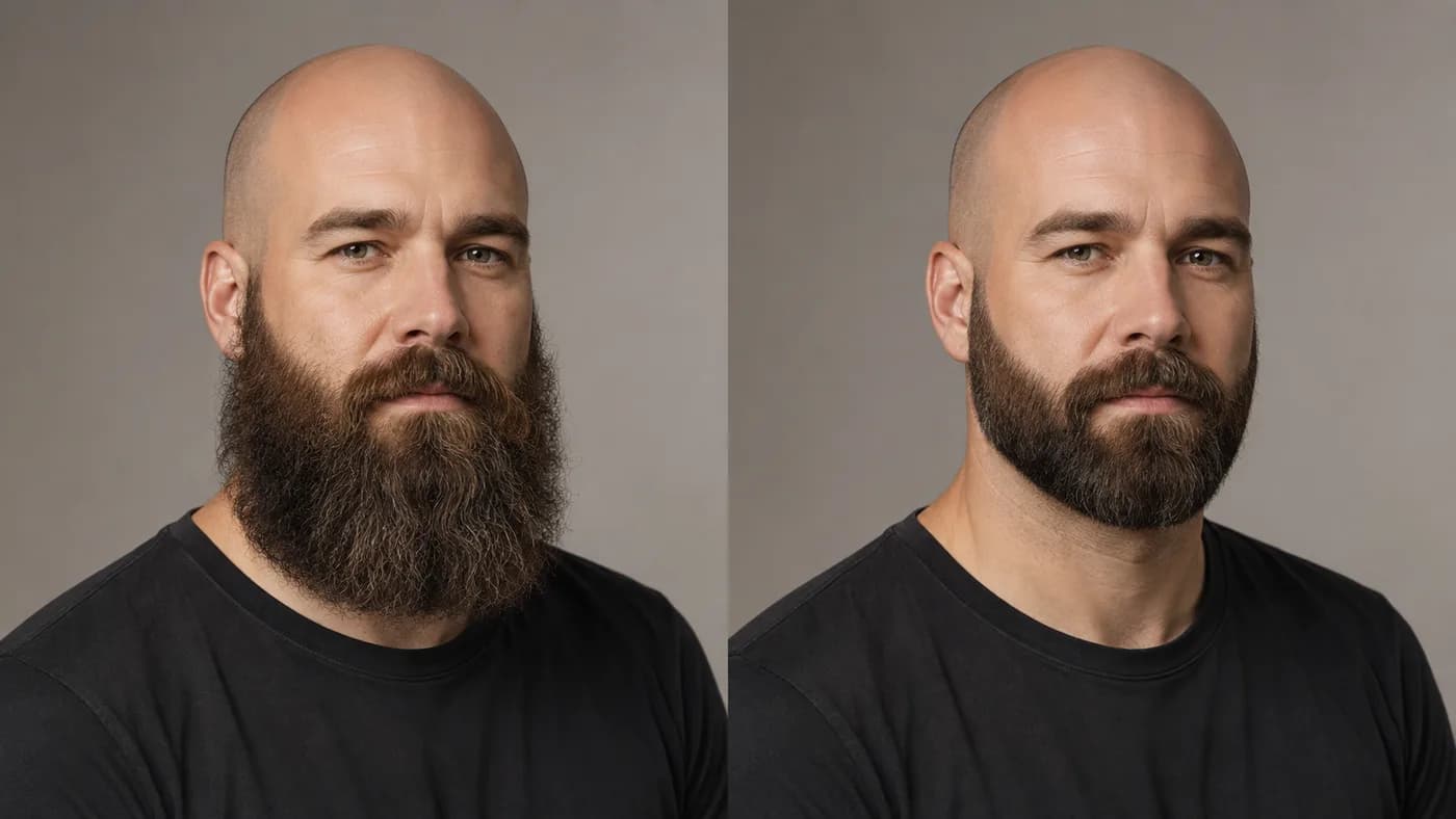 Bald man comparing an untrimmed wide full beard with a neatly shaped full beard