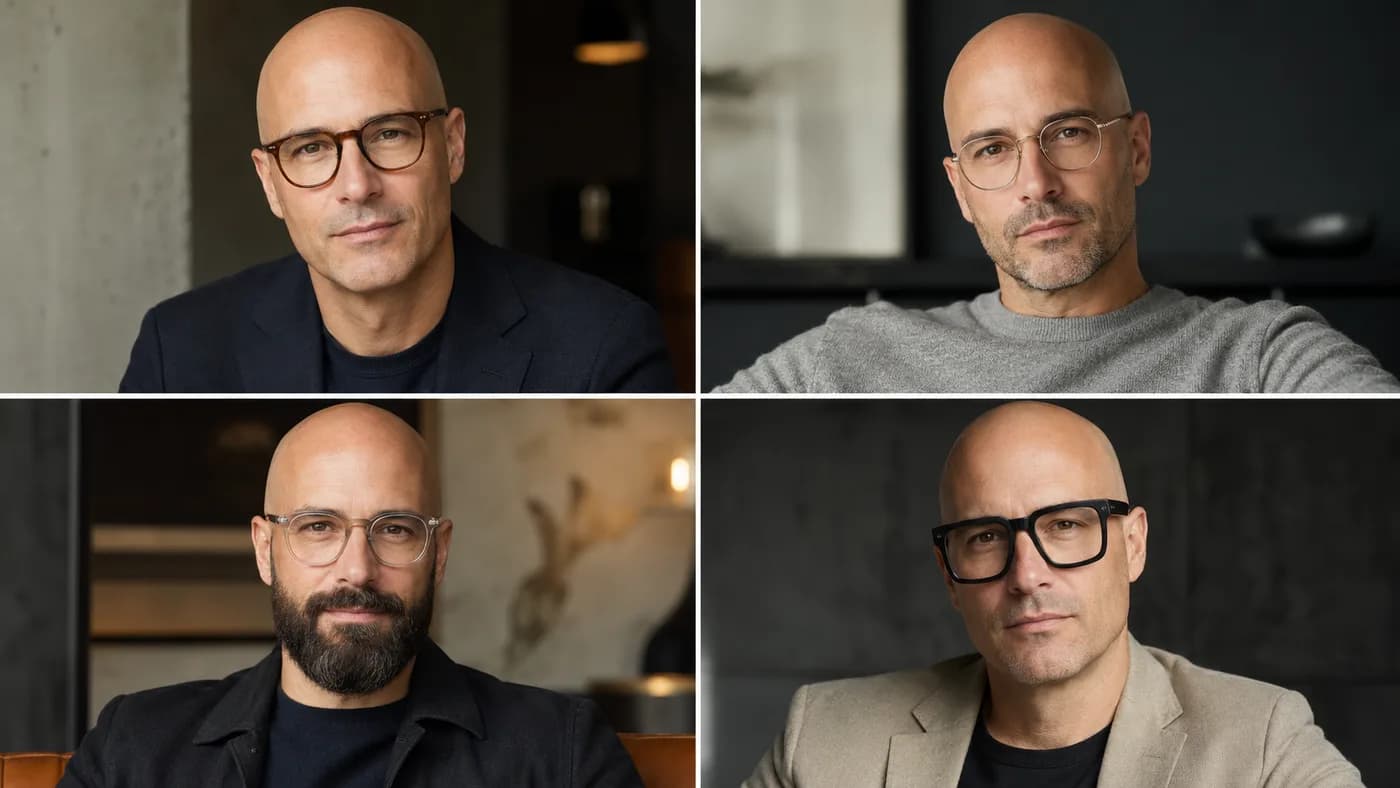 Bald man shown with clean-shaven, stubble, full-beard, and oversized-frame eyewear combinations