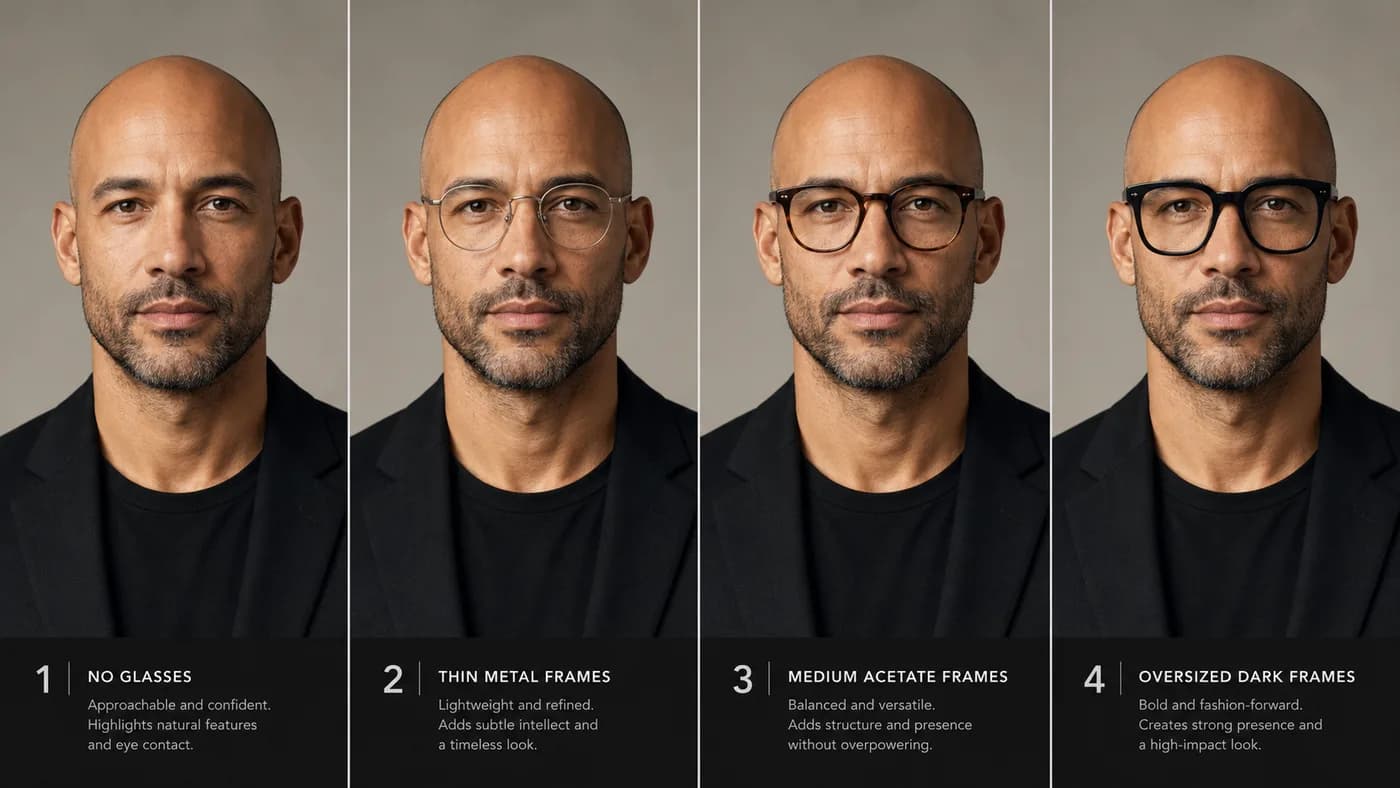 Side-by-side comparison of the same bald man with no glasses, thin metal frames, medium acetate frames, and oversized dark frames