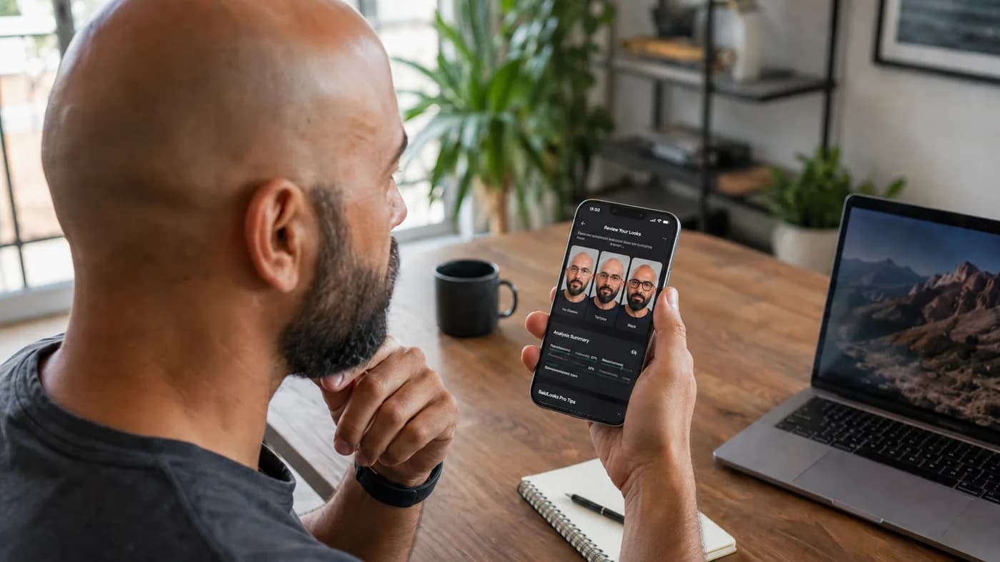 Bald man reviewing side-by-side phone previews of different glasses and beard combinations at home
